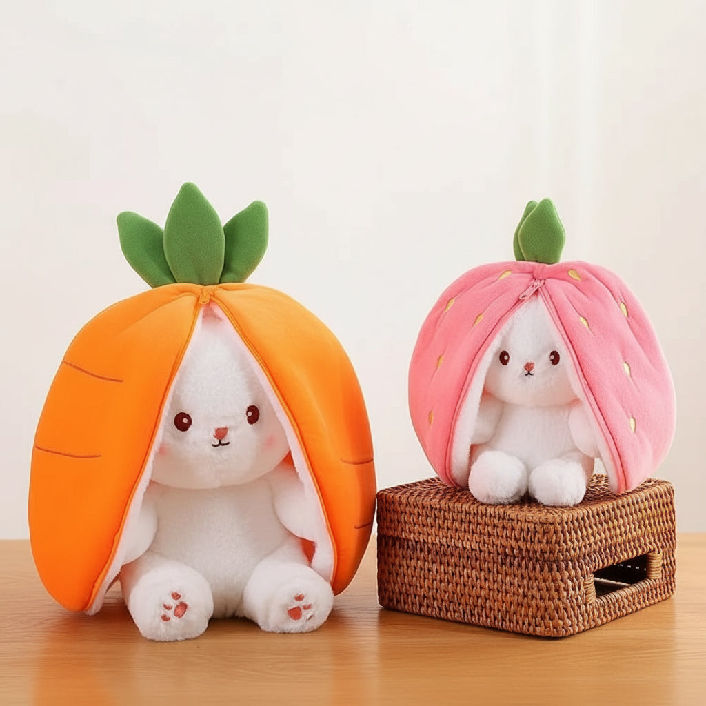Bunny Plush Doll Toy Pillow, Reversible Carrot Strawberry Bunny Stuffed Animal with Zipper, Cute Rabbit Decoration for Kids