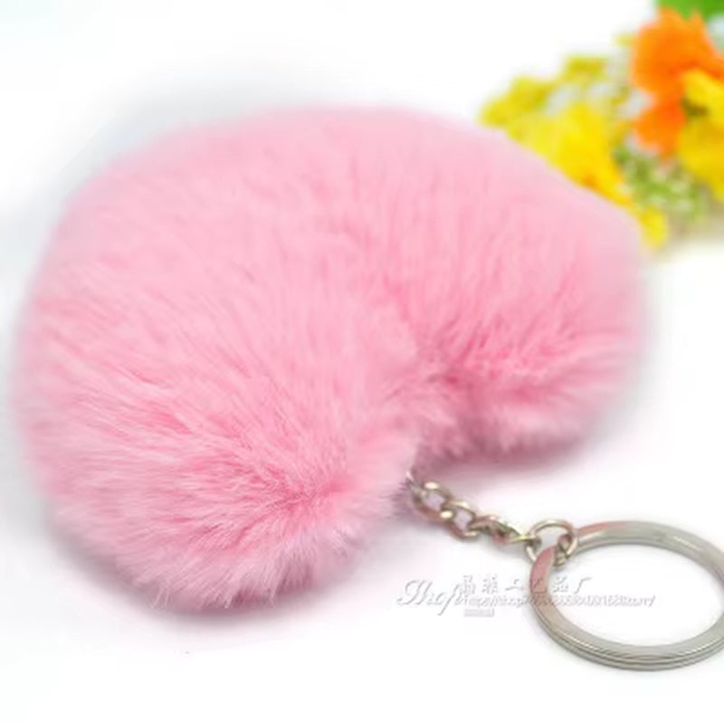 Fluffy Pompom Keychain Gifts for Women Soft Heart Shape Pompon Fake Rabbit Key Chain Ball Car Bag Accessories Key Ring